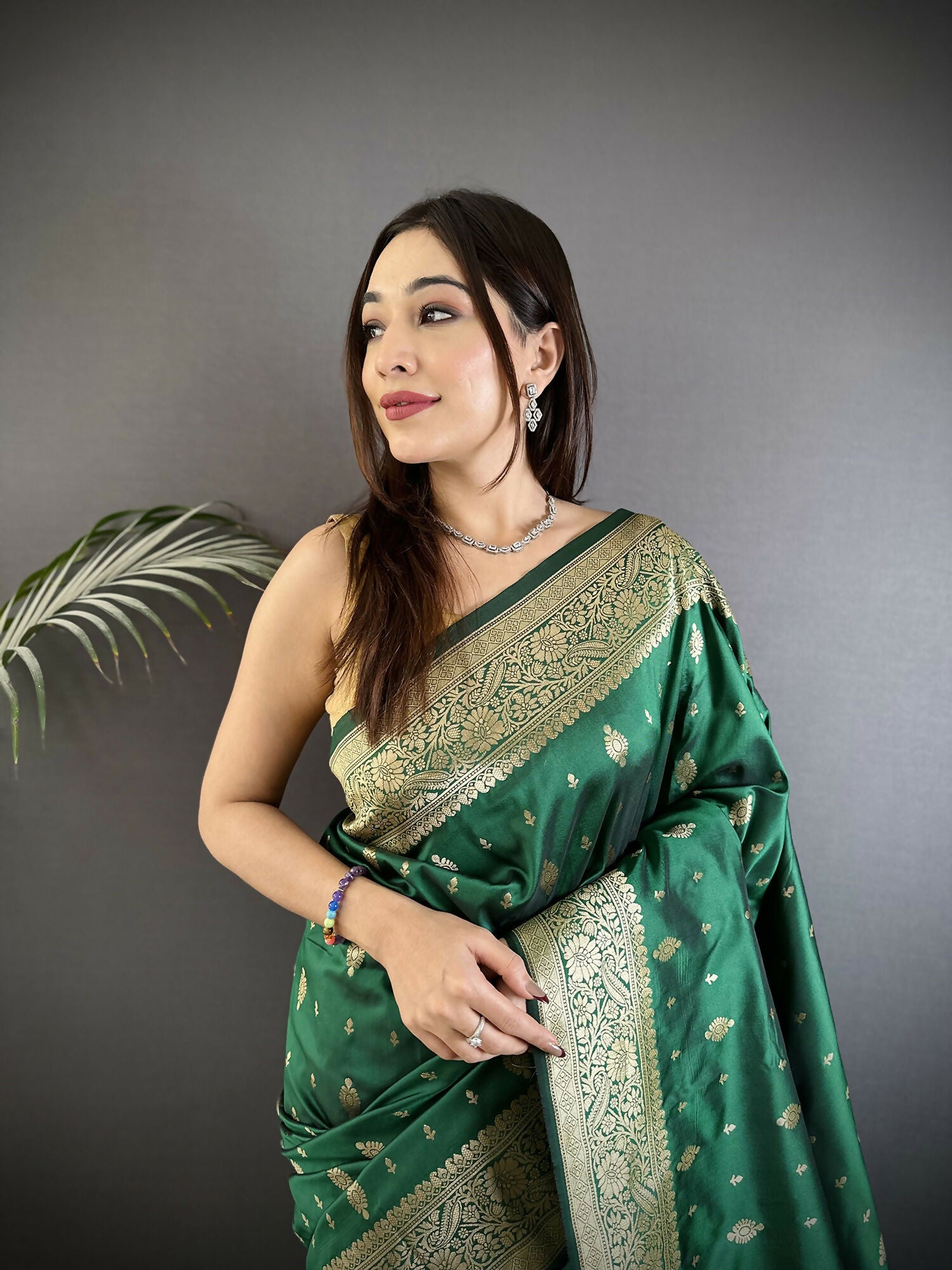 Joban Fashion Green Zari Weaving Motif Lichi Silk Banarasi Silk Saree | Grocsy