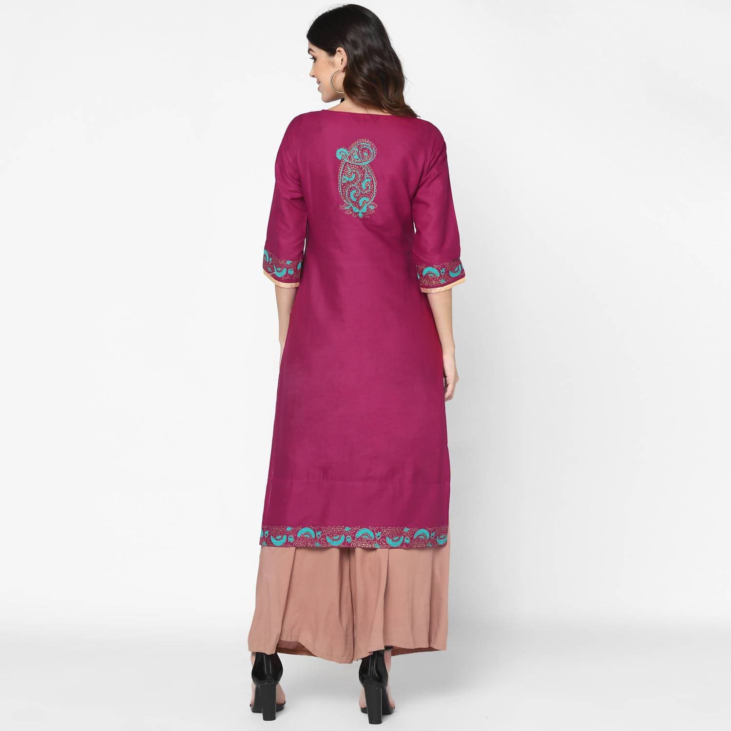 Cheera Hand Block Print Purple & Skin Color Straight Kurta With Palazzo (MAAI-075K) | Grocsy