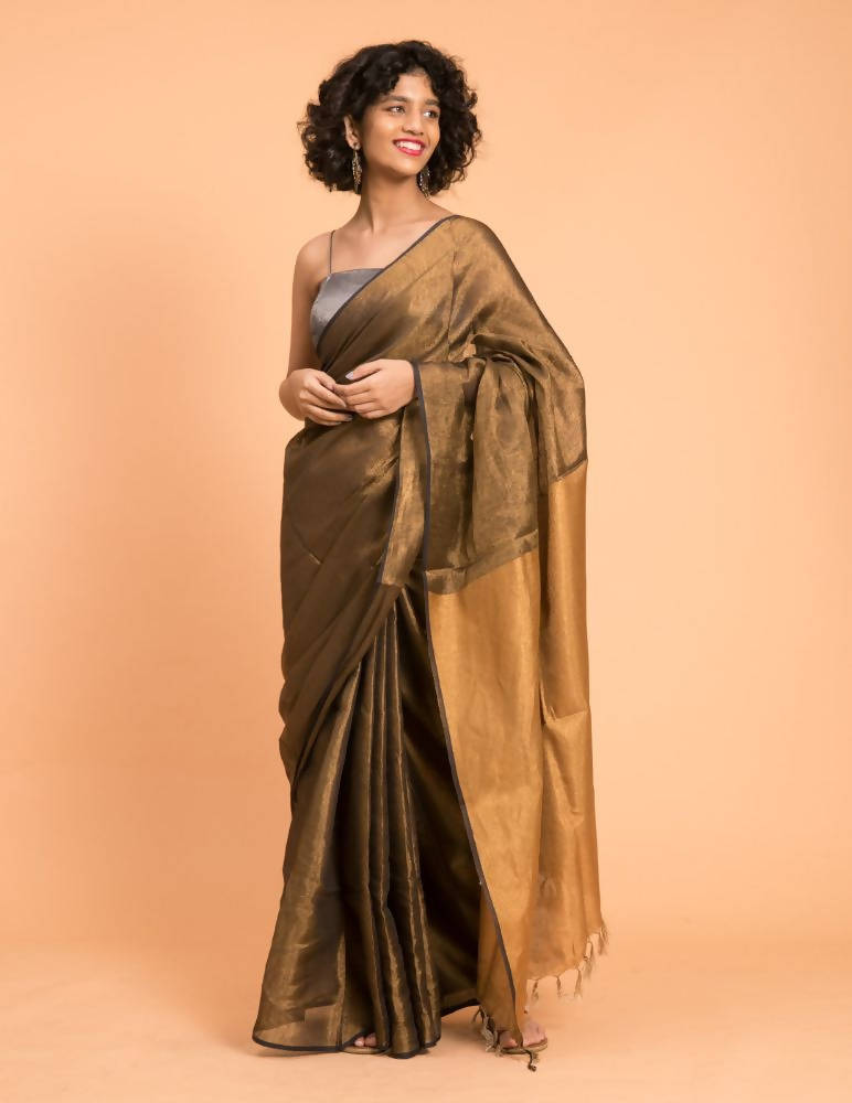 Suta Black Gold Woven Design Zari Pure Linen Saree | Grocsy