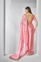 Coral Burburry silk Designer Embroidery Work Saree - Shezlin | Grocsy