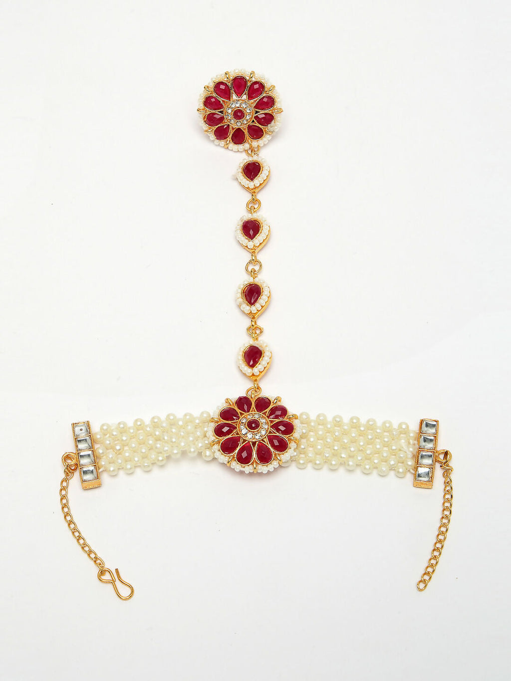 NVR Women's Red Gold-Polished Stone Studded Handcrafted Ring Bracelet | Grocsy