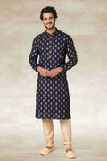 Raivat Ethnic Cotton Printed Work Kurta Pajama In Navy Blue Colour | Grocsy