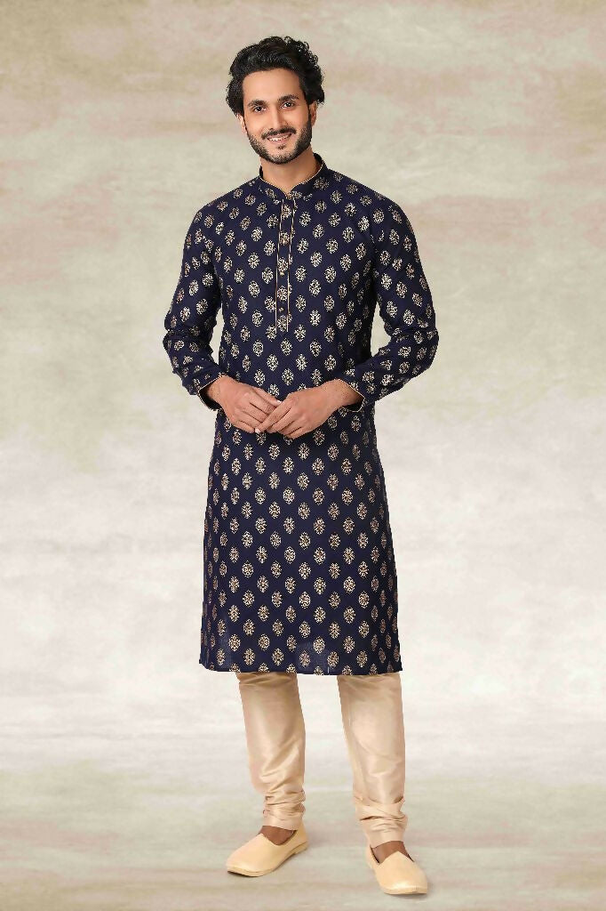 Raivat Ethnic Cotton Printed Work Kurta Pajama In Navy Blue Colour | Grocsy