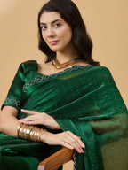Green Organza Swaroski Diamond Work Saree with Unstitched Blouse - Radha | Grocsy