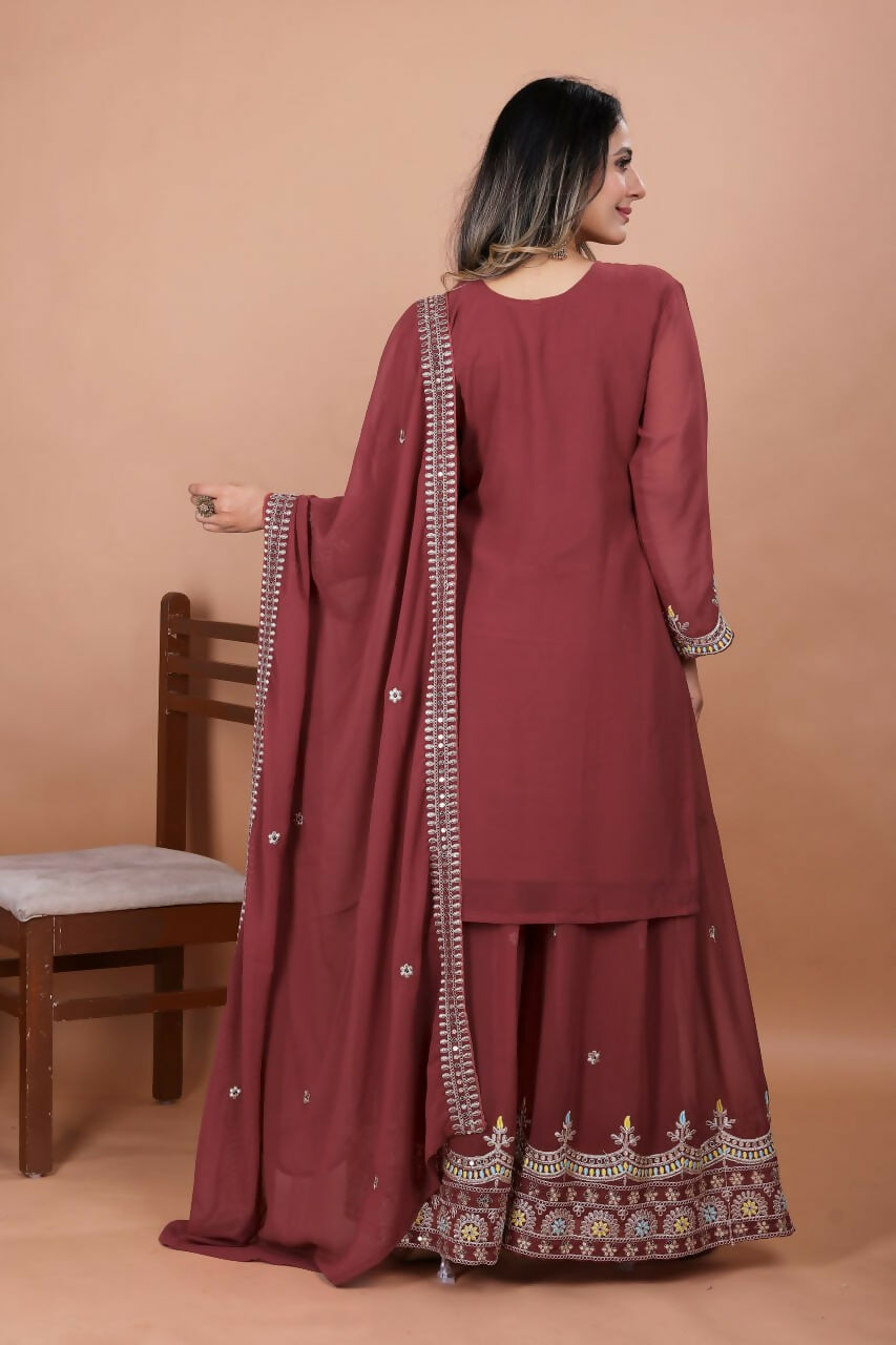 Joban Fashion Maroon Georgette Embroidered Sharara Set | Grocsy