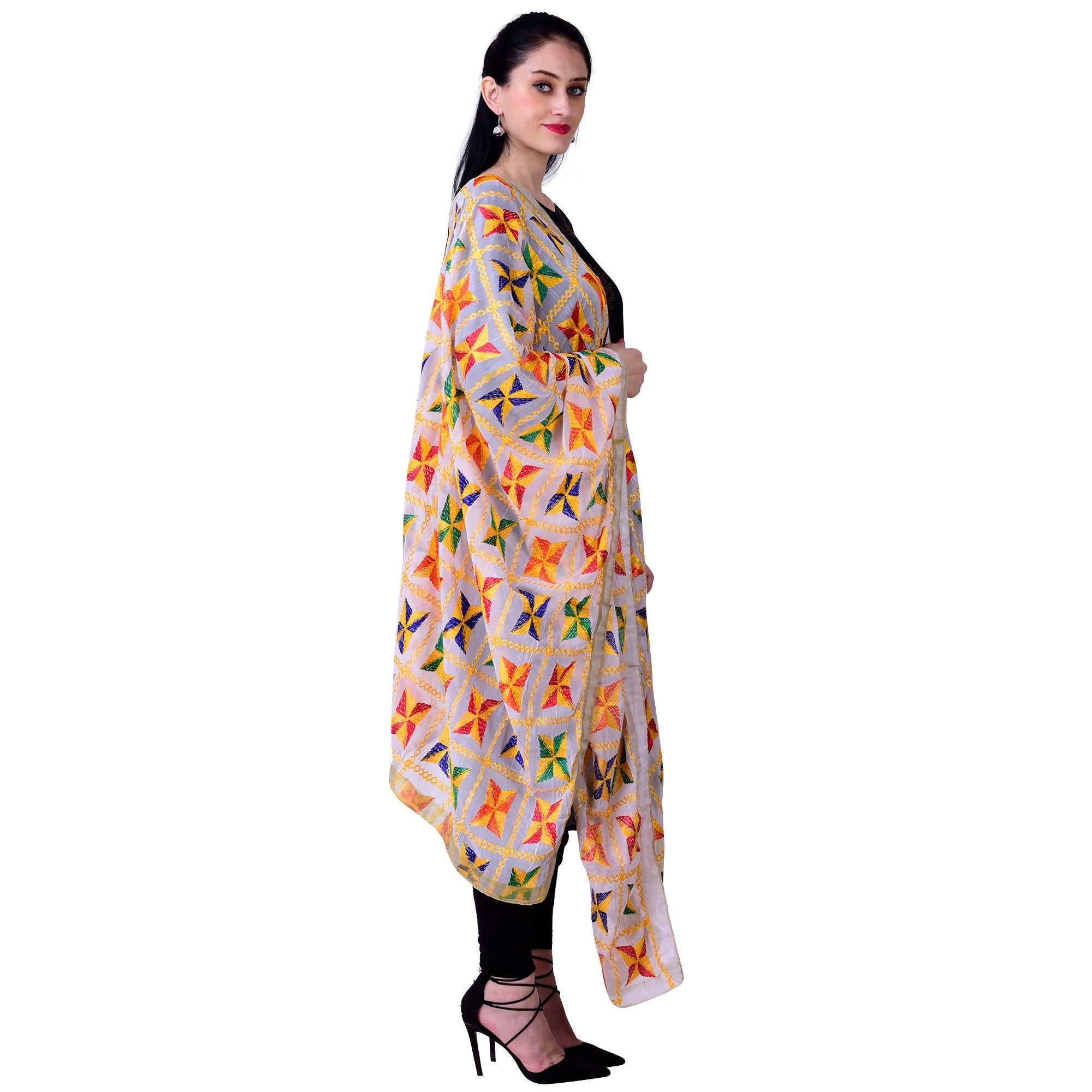 SWI Stylish Women's Embroidered Phulkari Chiffon White Dupatta | Grocsy