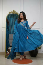 The52 Petrol Women's Beautiful Parampara Fabric Embroidered Work Flared Kurta Pant and Dupatta Set | Grocsy