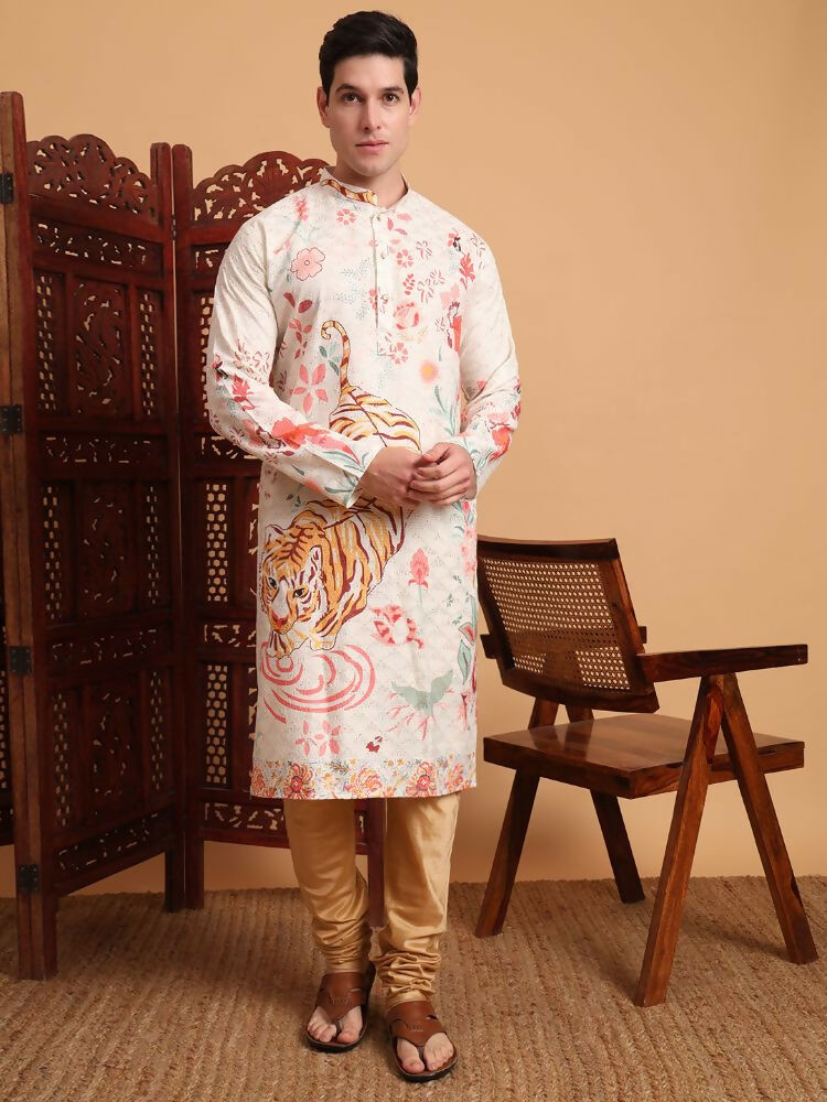 Off White Cotton Printed Chikankari Embroidery Work Kurta - Mahotsav | Grocsy