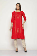Maai Rayon Hand Printed Kurta Red | Grocsy
