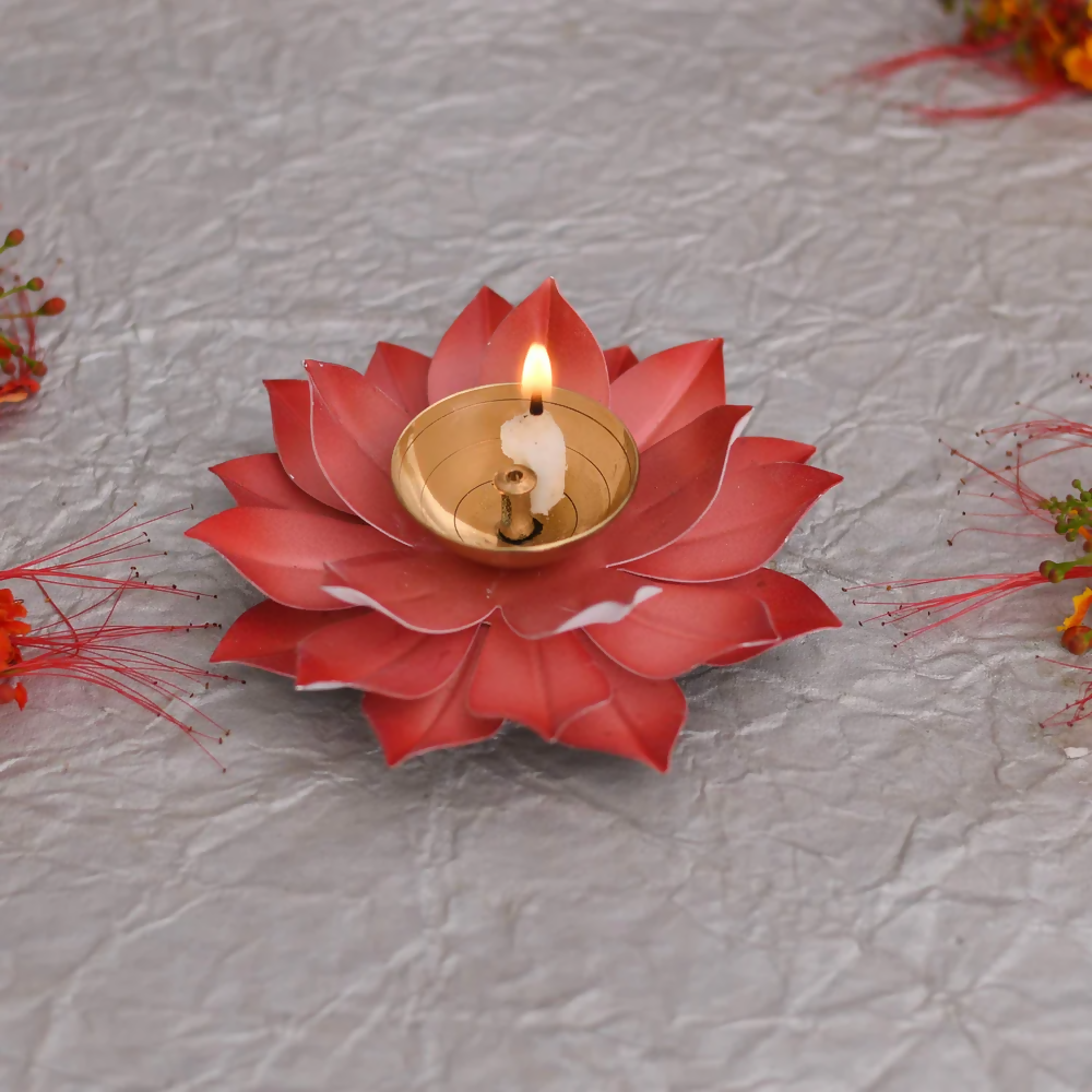 CraftVatika Kamal Diya Deepak Lotus Brass Diyas Oil Lamp - Red | Grocsy