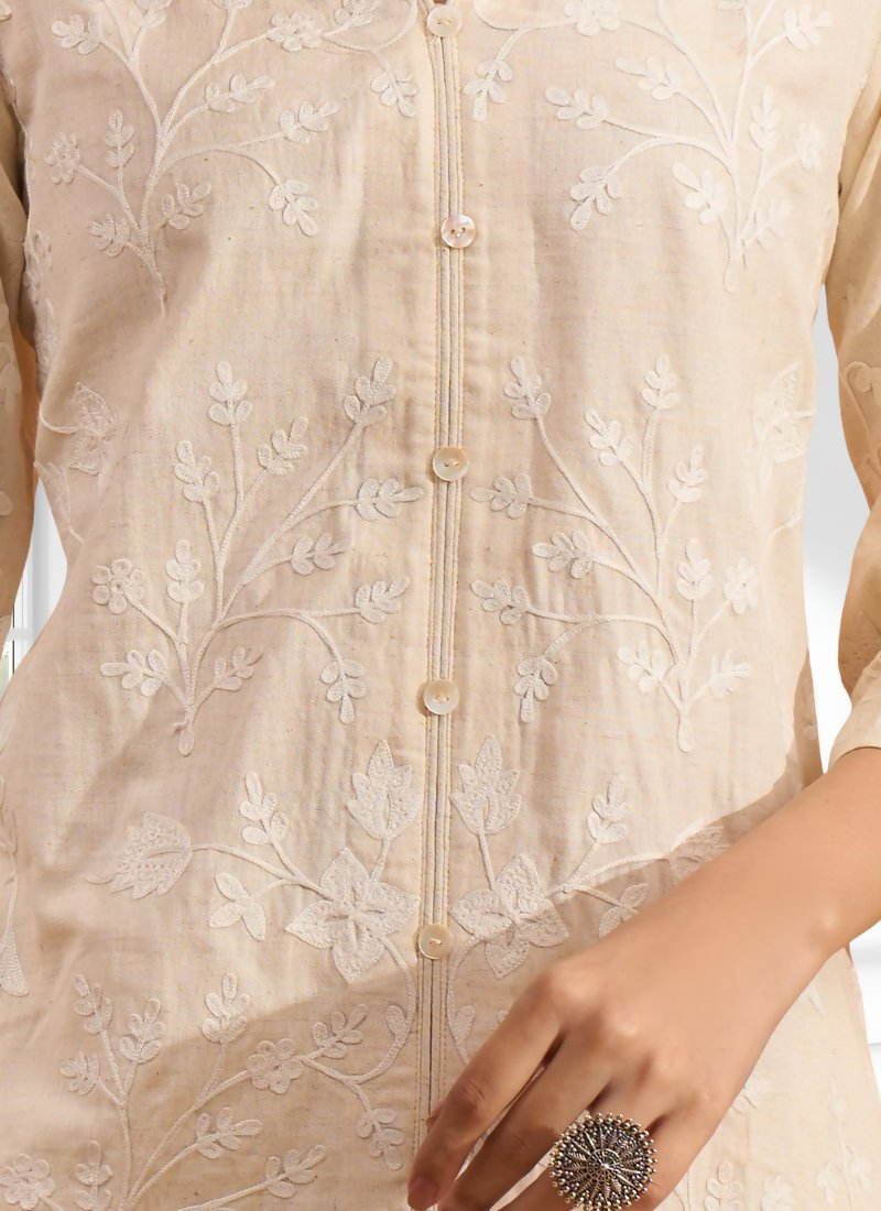 Joban Fashion Cream Linen Embroidered Readymade Cord Set | Grocsy