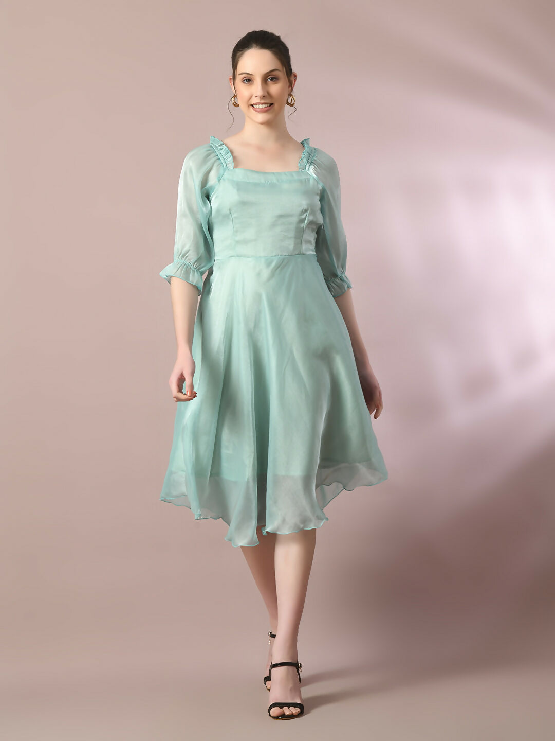 Myshka Women's Sea Green Solid Square Neck Fit and Flare Party Dress | Grocsy