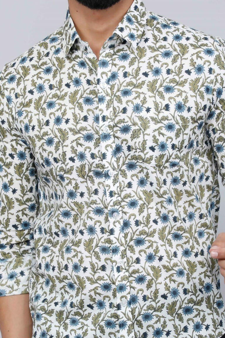 Miravan Men's White & Blue Floral Print Cotton Regular Fit Shirt | Grocsy