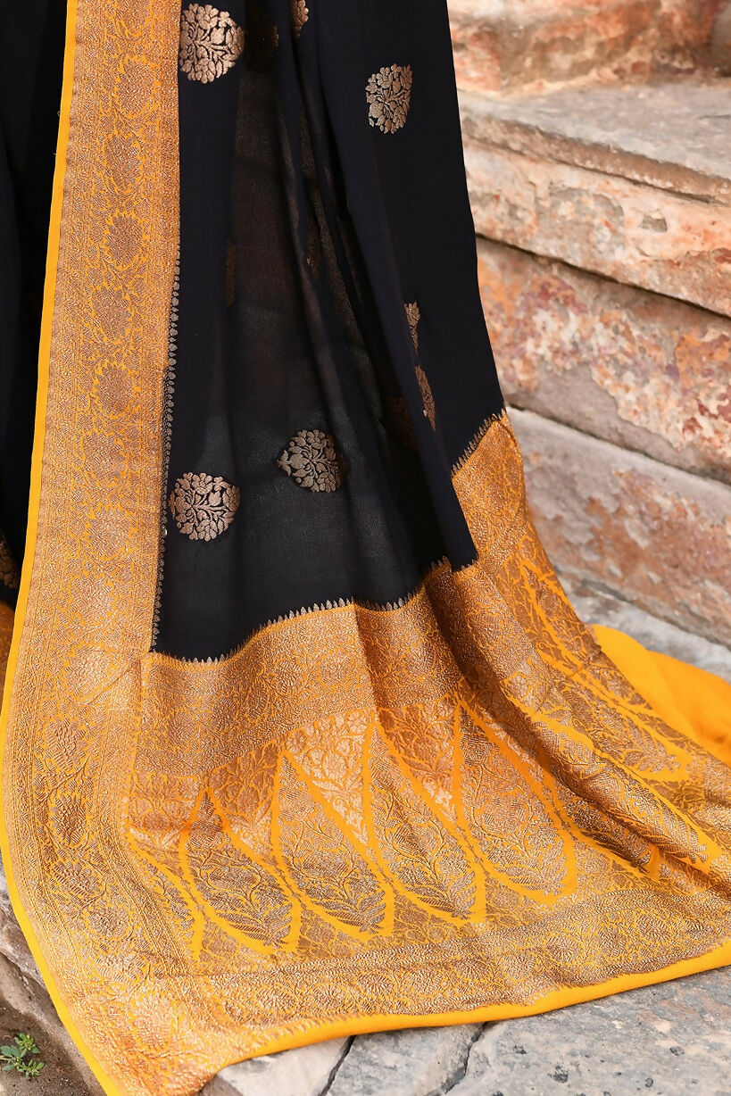 Joban Fashion Black Crepe Chiffon Pure Handloom Banarasi Silk Saree | Grocsy