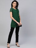 Ahalyaa Women Green Georgette Golden Polka Dots Print Layered Tunic | Grocsy