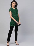 Ahalyaa Women Green Georgette Golden Polka Dots Print Layered Tunic | Grocsy