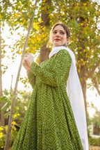 Green Pure Maslin Bandhej Print Work Stitched Suit With Dupatta - Anbazaar | Grocsy