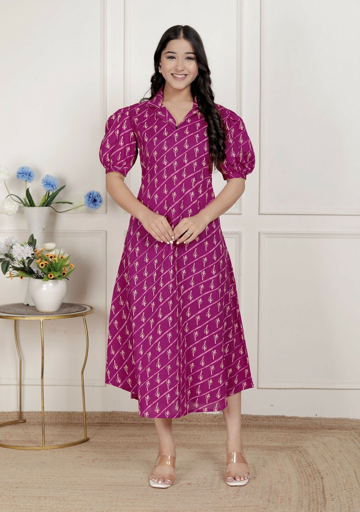 Miravan Womens Magenta Floral Printed Cotton Dress With One Side Pocket | Grocsy