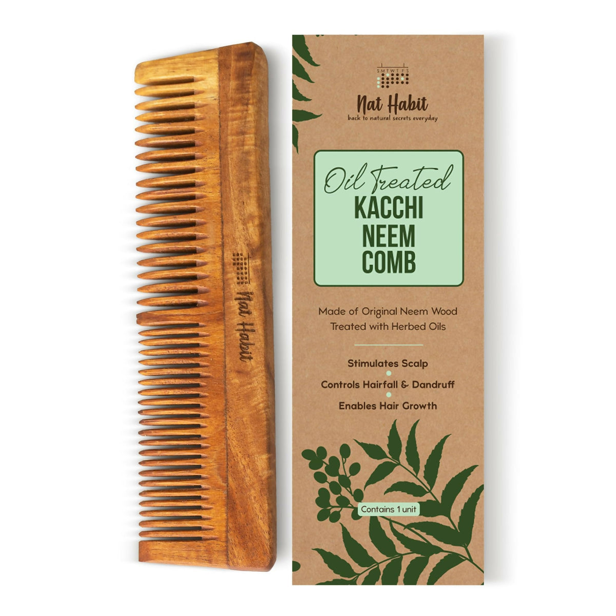 Nat Habit Kacchi Neem Wooden Comb - Soaked In 13 Herbs, Neem & Sesame Oil For Multi-Actions | Grocsy