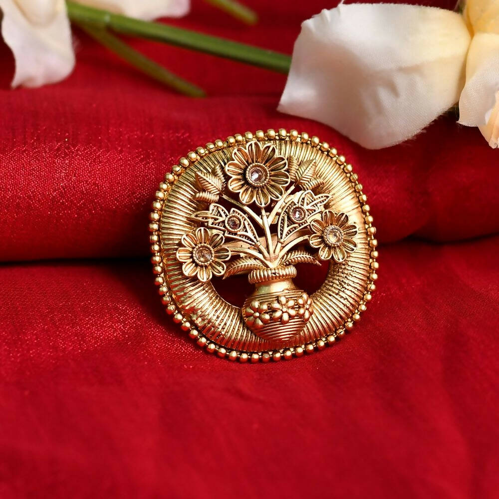 Mominos Fashion Joharkamal Gold-Polished Stone Studded Adjustable Finger Ring - Design 15 | Grocsy