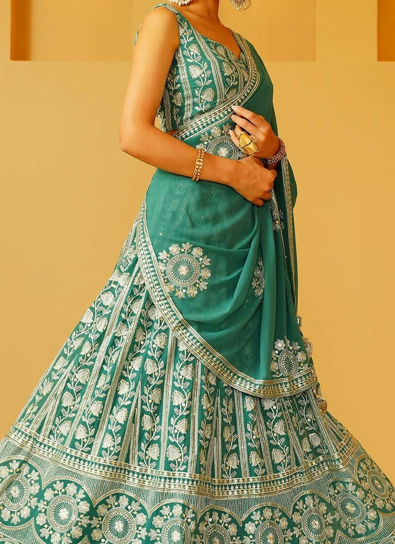 Lehenga Mart Dusty Green Faux Georgette Designer Bollywood Style Wedding Wear Lehenga Choli | Grocsy