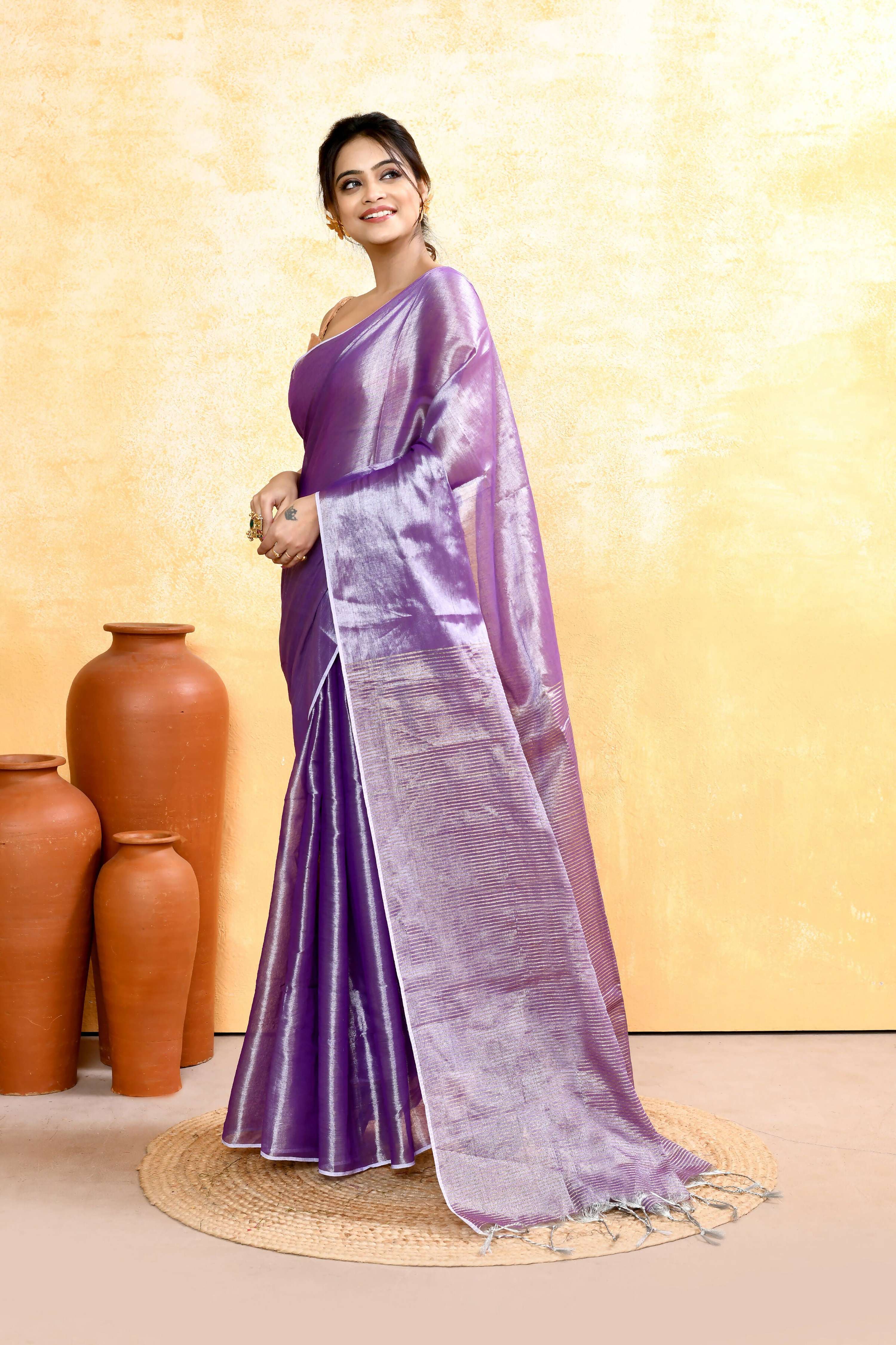 Piyari Fashion Women's Lavender Dual Tone Organic Tissue Saree With Blouse Piece | Grocsy