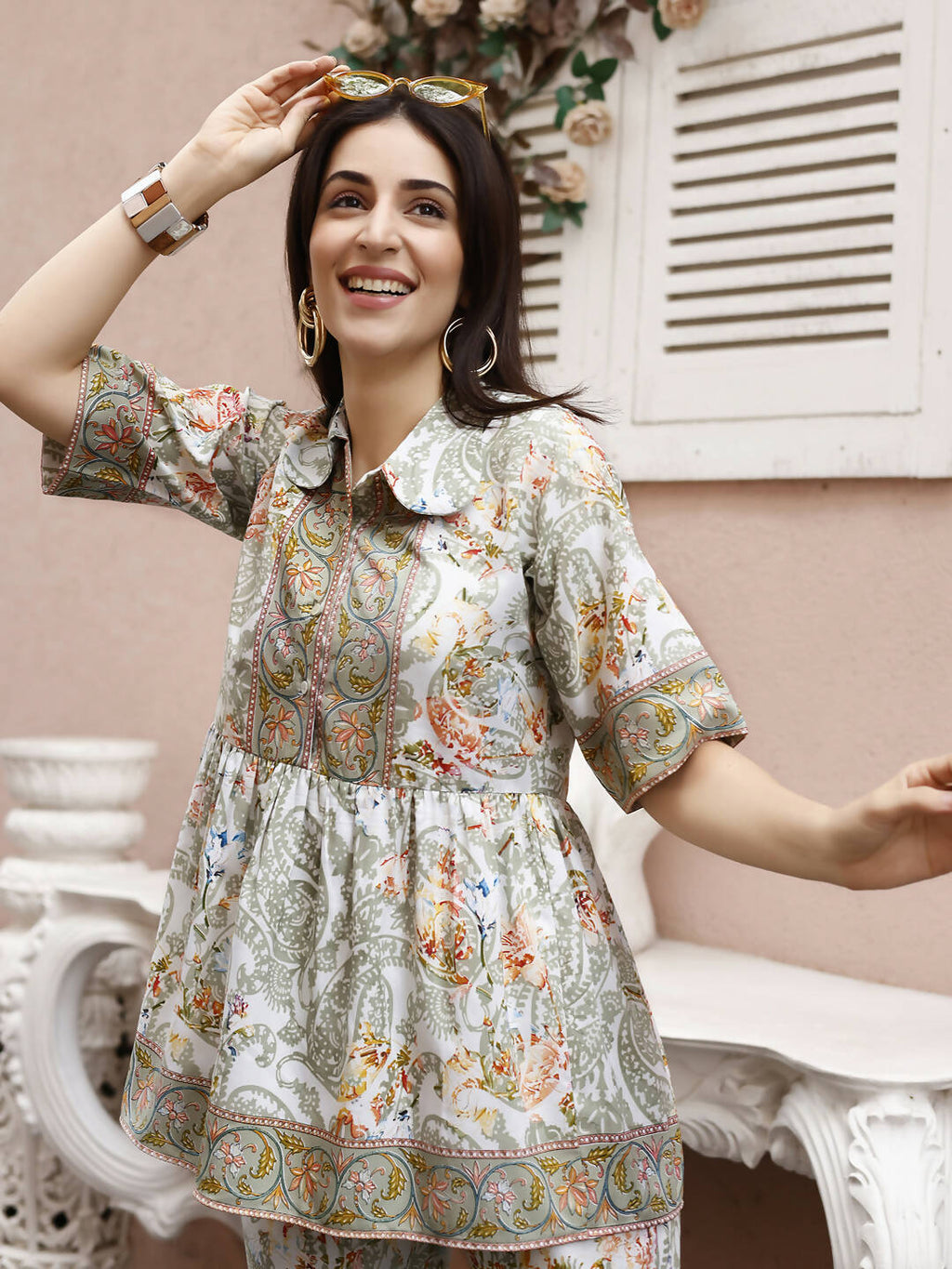 Off White Rayon Paisley Printed Top with Matching Bottom - Eesha | Grocsy