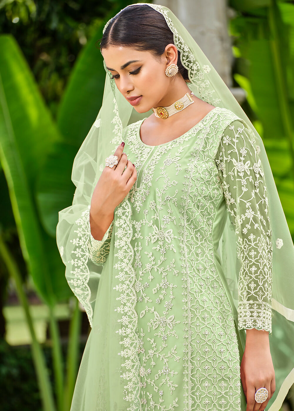 Pista Green Stone & Cording Work Festive Palazzo Suit - Emponline | Grocsy
