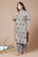 Miravan Women's Plus Size Beige Printed Gota Patti Pure Cotton Kurta With Palazzo | Grocsy