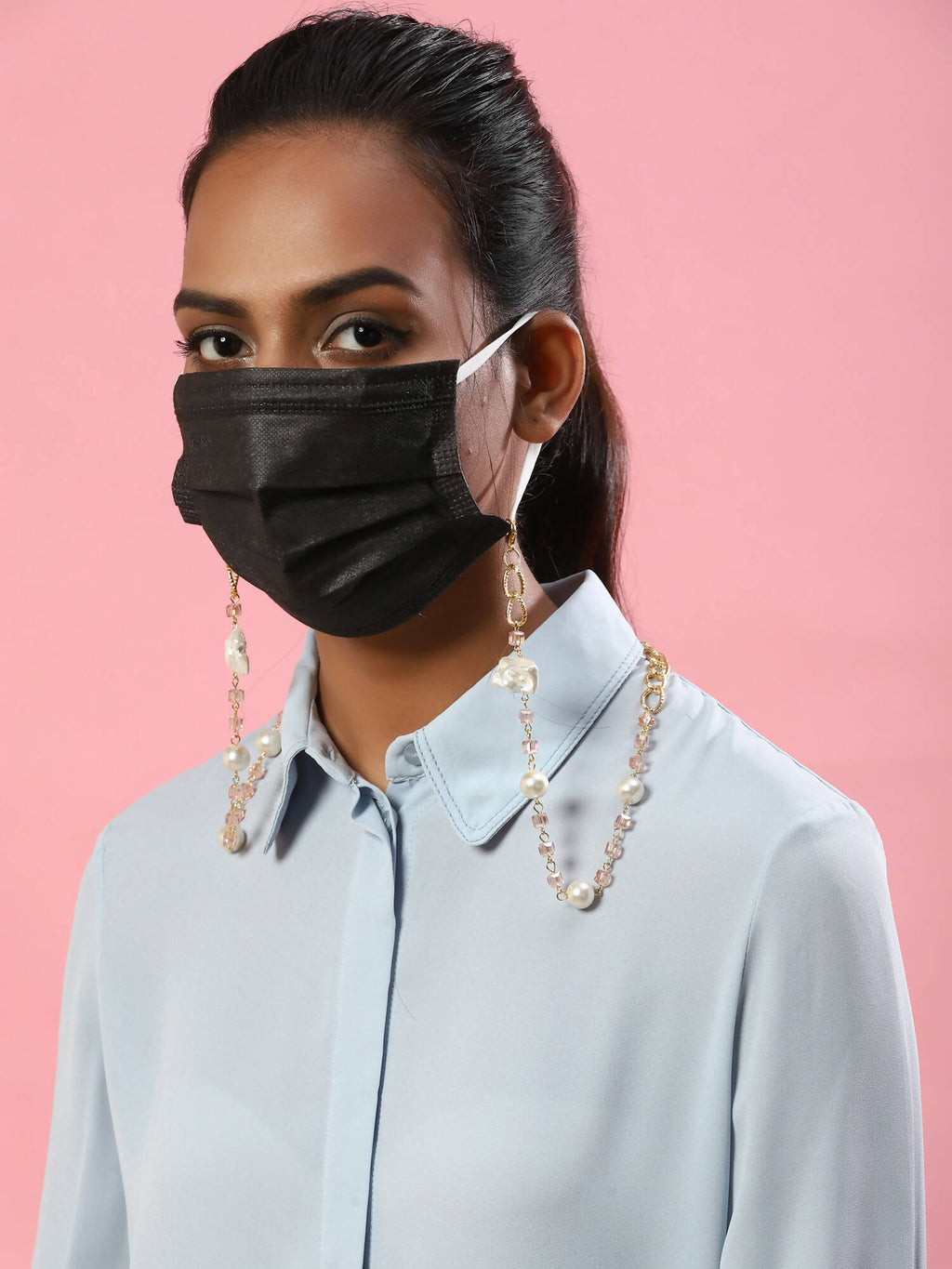 White Golden Embellished Mask Chain - Ruby Raang | Grocsy