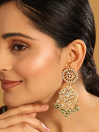 Nuyug 22K Gold Plated Traditional Kundan Studded Contemporary Dangler Earrings with Pearl and Green Bead Accents | Grocsy