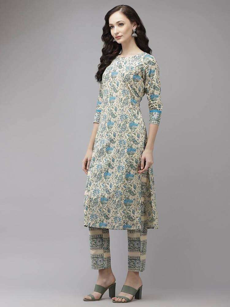 Yufta Women Beige Floral Printed Regular Pure Cotton Kurta with Trouser | Grocsy