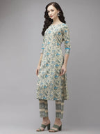 Yufta Women Beige Floral Printed Regular Pure Cotton Kurta with Trouser | Grocsy