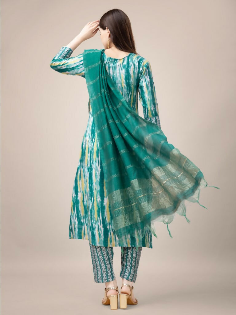 Jyoti Fashion Women's Teal Rayon Print with Embroidery & Fancy Lace Work Kurta with Trouser & Dupatta | Grocsy