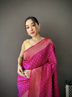 Joban Fashion Rani Pink Jacquard Butti Soft Lichi Silk Paithani Saree | Grocsy