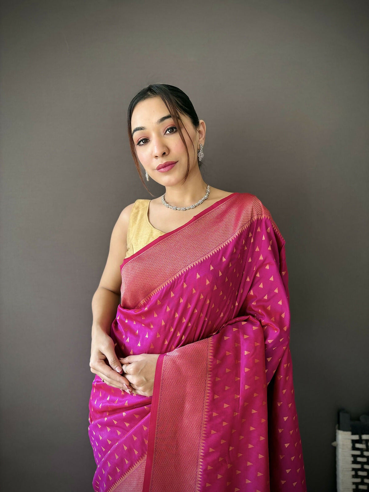 Joban Fashion Rani Pink Jacquard Butti Soft Lichi Silk Paithani Saree | Grocsy