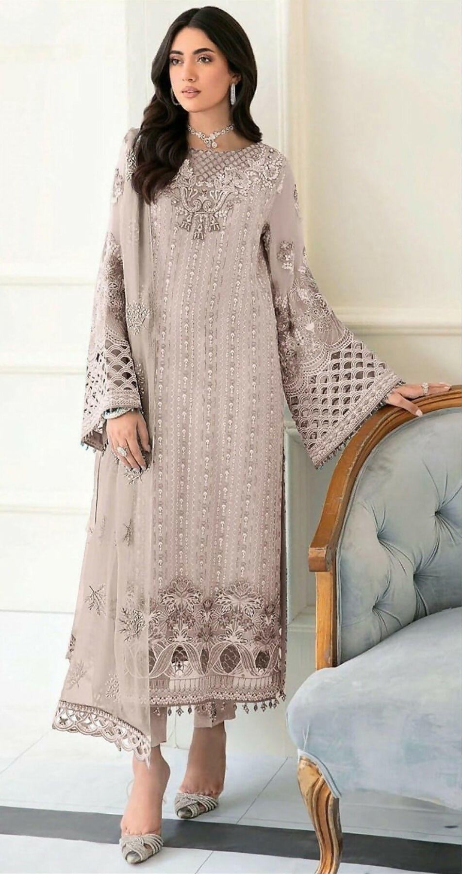 Anaita Baige Fox Georgette Stitched Suit with Embroidery Sequence Work & Khatli Work | Grocsy