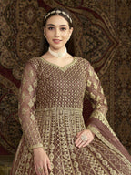 Anaita Coffee Embroidered Net Anarkali Suit | Grocsy