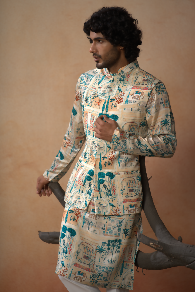 Classic Forest Print Silk Nehrujacket Set by Hilo Design | Grocsy