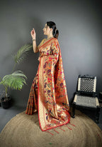 Joban Fashion Pastel Red Peacocks Flowers & Leaves Soft Silk Paithani Saree | Grocsy