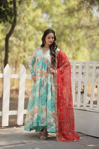 Vastranavya Digital Printed Russian silk & Stitch Canvas Patta Gown with Dupatta - Sky Blue | Grocsy
