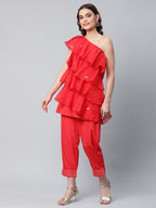 Ahalyaa Red Printed Layered Top with Trousers | Grocsy