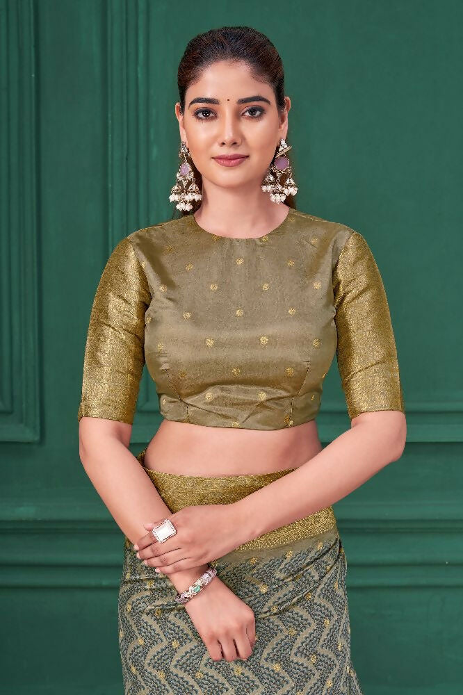 Grey Tussar Silk Jacquard Abstract Digital Print Saree with Unstitched Blouse - Mohira | Grocsy