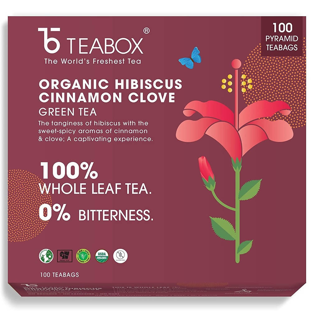 Teabox Organic Hibiscus Cinnamon Clove Green Tea Bags | Grocsy