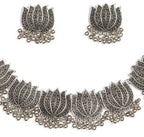 Mominos Fashion Oxidised Lotus Design Silver Color Necklace Choker Set