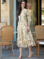 Souchii Floral Tiered Midi Dress For Women – Elegant Beige Button-Front A-Line | Grocsy