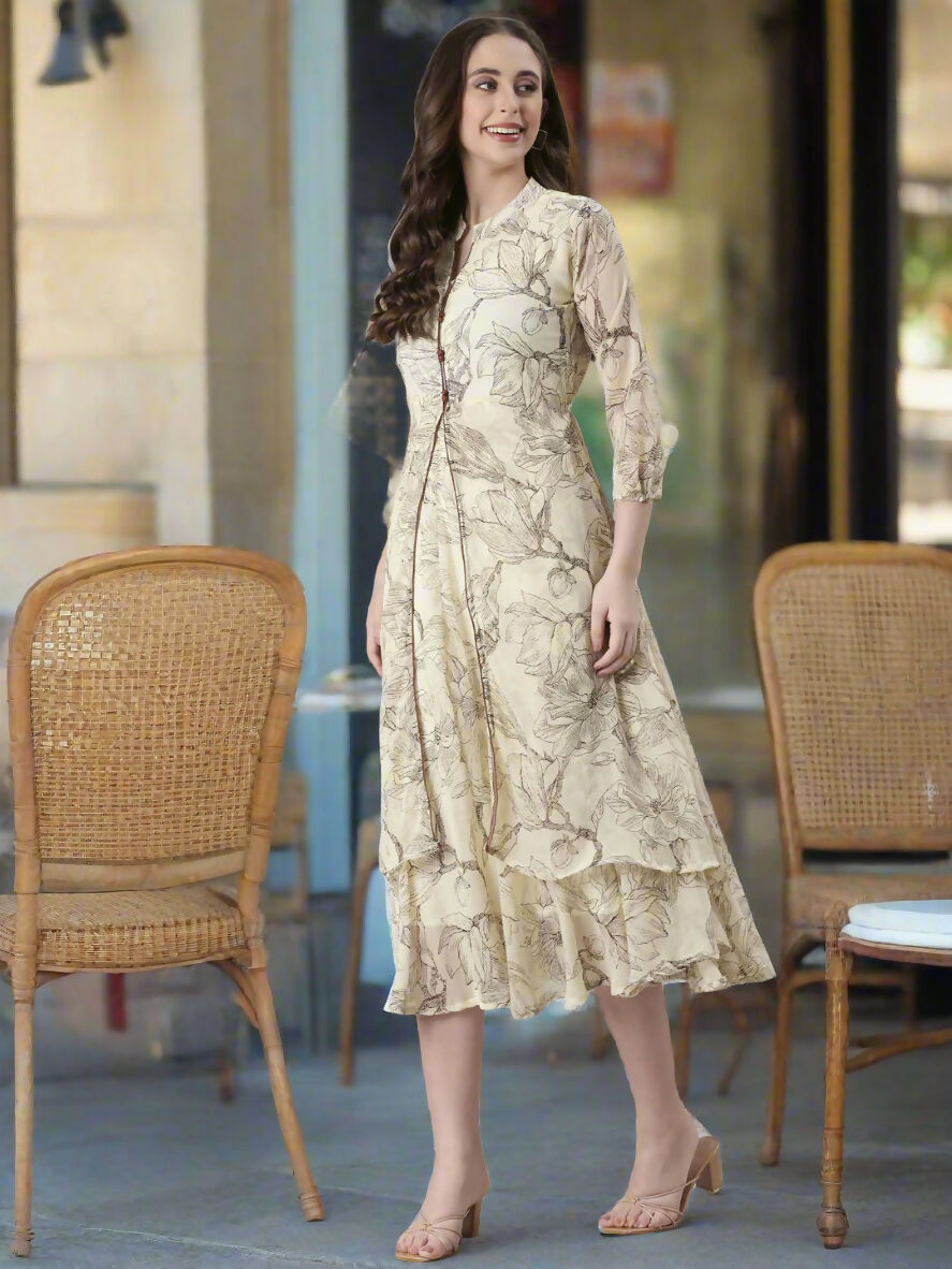 Souchii Floral Tiered Midi Dress For Women – Elegant Beige Button-Front A-Line | Grocsy