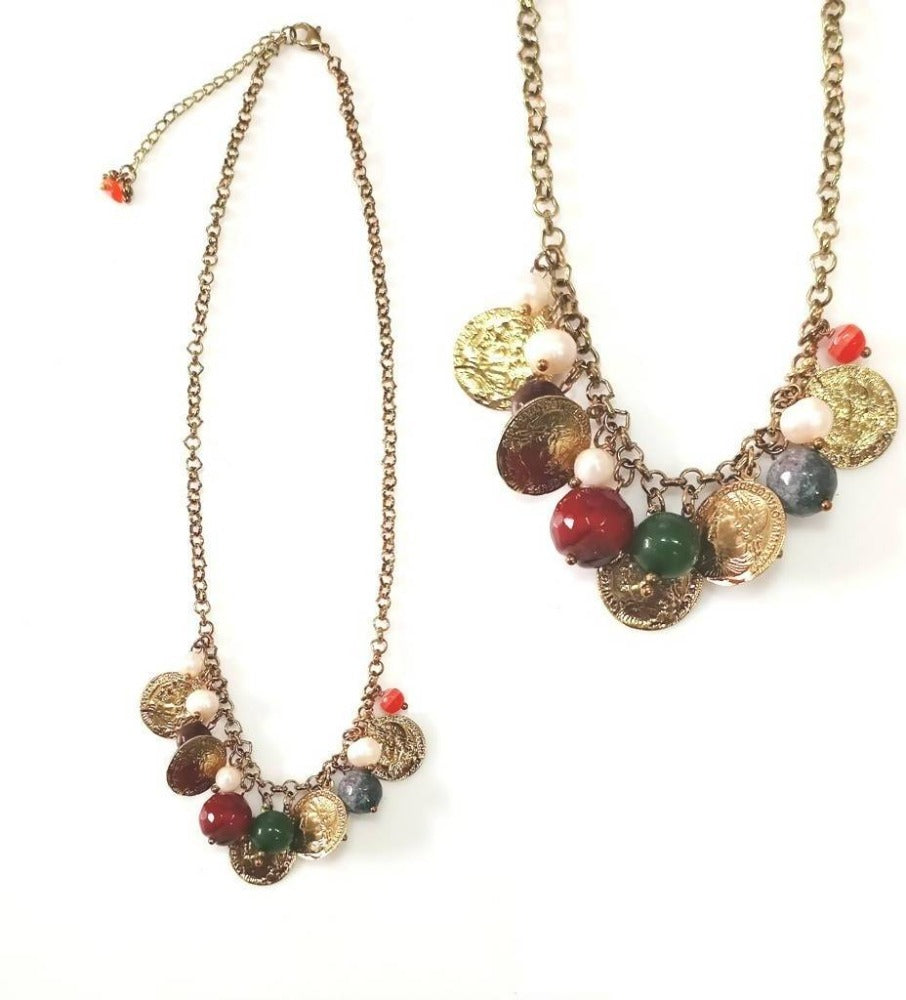 Bling Accessories Antique Brass Finish Brass Metal Coral Semi Precious Coin Charm Necklace with Real Baroque Pearls | Grocsy