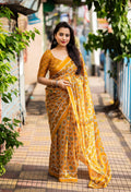 Mustard Cotton Blend Ajrak Saree with Unstitched Blouse - A2M | Grocsy