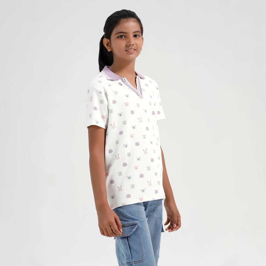 Chilins Girls Cotton Printed Collared Polo T-shirt | Grocsy